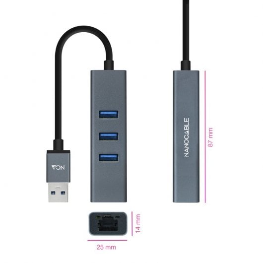 Nanocable Hub USB 3.0 vers Gigabit Ethernet +3x USB 3.0 Aluminium