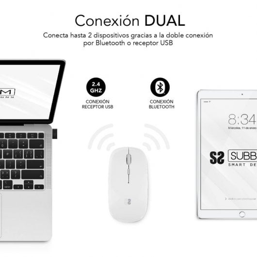 Subblim Dual Flat Ratón Óptico Inalámbrico 1600DPI Blanco