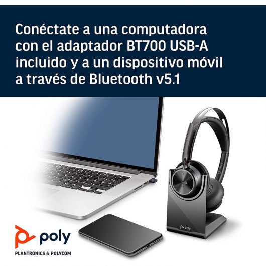Poly Voyager Focus 2 UC Auriculares USB-A/Bluetooth con Certificación Microsoft Teams + Base de Carga