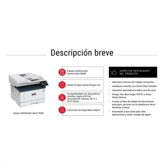 Xerox B305 A4 38 ppm Copia/Stampa/Scansione fronte/retro wireless PS3 PCL5e/6 2 vassoi 350 fogli