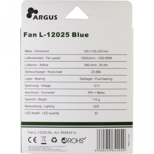 Inter-Tech L-12025 Ventilateur 120 mm LED bleue