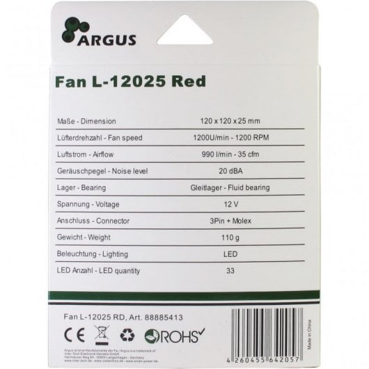 Ventola Inter-Tech L-12025 LED da 120 mm Rossa