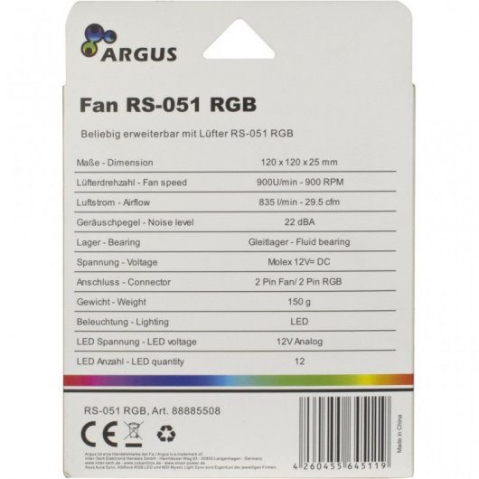 Ventola Inter-Tech Argus RS-051 RGB da 120 mm Nera