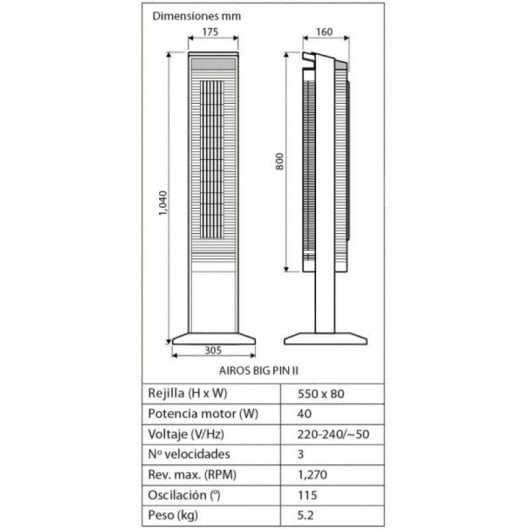 Ventilador torre CasaFan Airos Big Pin II SW 40W preto design silencioso