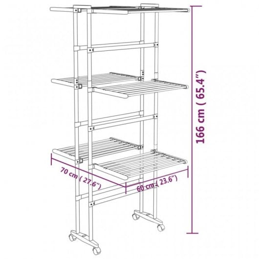 Prateleira de secagem vidaXL 3 camadas com rodas prata 60x70x166 cm