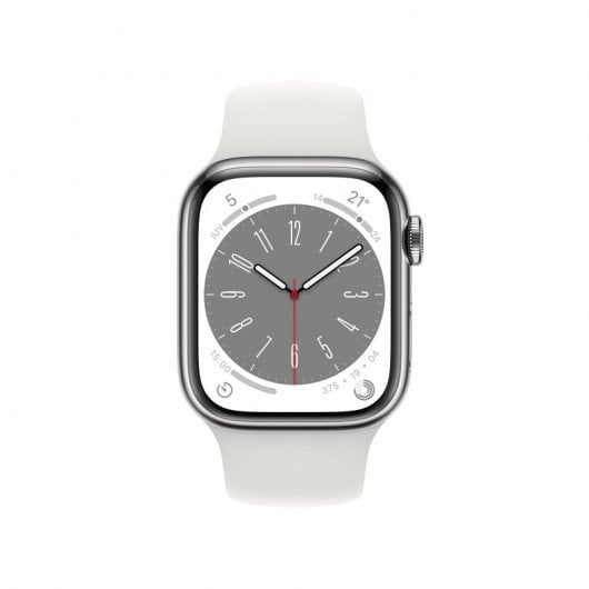 Apple Watch Series 8 GPS + Cellular Boîtier en acier inoxydable argenté de 41 mm avec bracelet sport blanc