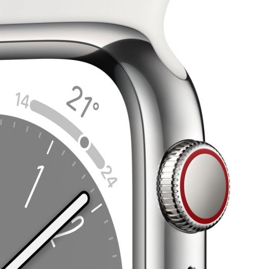 Apple Watch Series 8 GPS + Cellular Boîtier en acier inoxydable argenté de 41 mm avec bracelet sport blanc