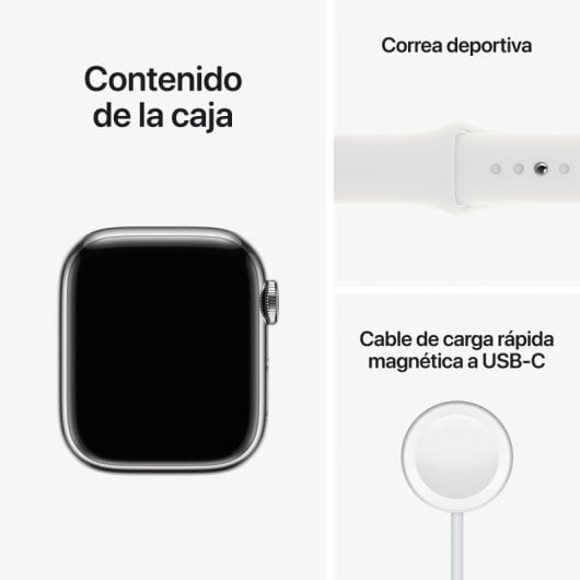 Apple Watch Series 8 GPS + Cellular Boîtier en acier inoxydable argenté de 41 mm avec bracelet sport blanc