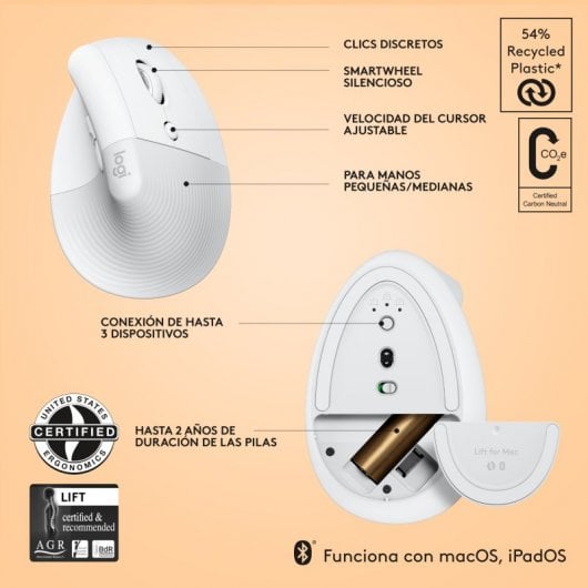 Logitech Lift für Mac Vertikale kabellose Maus 4000DPI Hellgrau