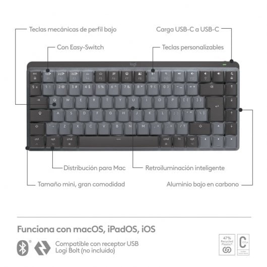 Logitech MX Mechanical Mini para Mac Teclado Mecánico Inalámbrico Gris Espacial (USA)