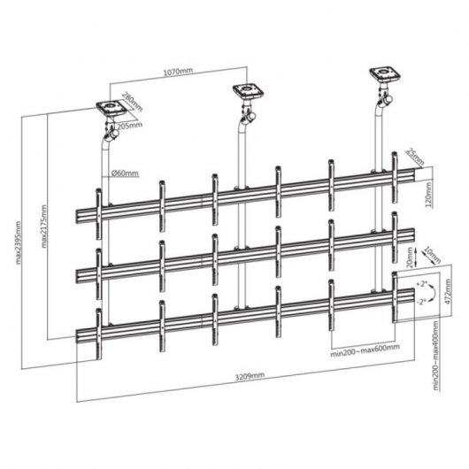 Kimex Support Plafond pour 9 Écrans TV 50"-55" VESA 600x400 Max 50Kg