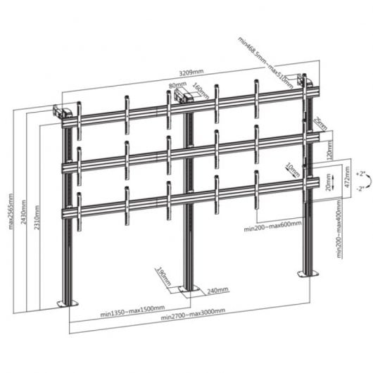Kimex Support de sol vissable pour 9 écrans TV 50"-55" VESA 600x400 Max 50Kg