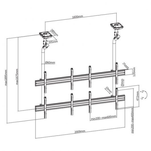 Kimex Supporto da Soffitto per 4 Schermi TV 45"-55" VESA 600x400 Max 50Kg