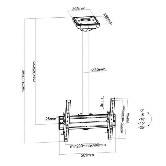 Kimex Supporto da Soffitto Inclinabile per TV 43"-75" Modalità Verticale Altezza 100cm VESA 400x400 Max 50Kg