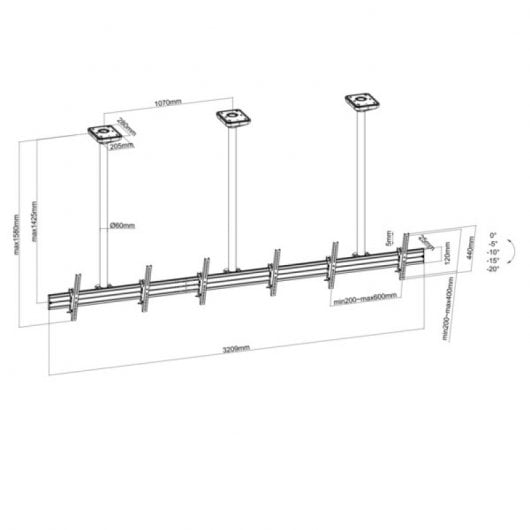 Kimex Menu Board Supporto da soffitto per 3 schermi TV 50"-55" Altezza 150 cm VESA 600x400 Max. 50Kg
