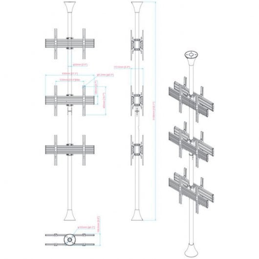 Kimex Supporto da Pavimento/Soffitto per 6 Schermi TV 32''-75'' VESA 600x400 Max 30Kg