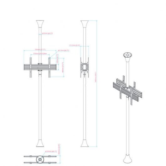 Supporto da pavimento a soffitto Kimex per 2 schermi TV 32"- 75" VESA 600x400 max. 30Kg Altezza 240cm