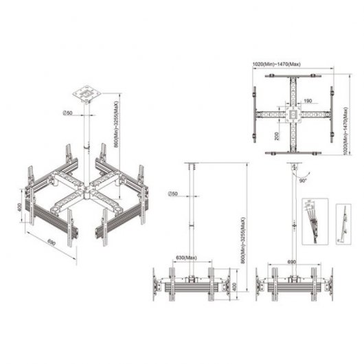 Kimex Supporto da soffitto per 4 schermi TV 32"-65" Altezza 86-325 cm VESA 600x400 Max. 30Kg