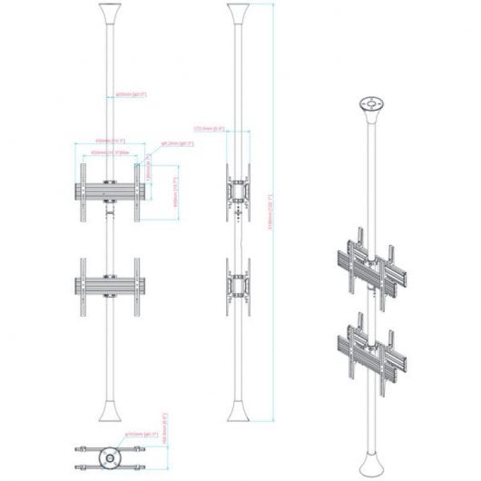 Kimex Supporto da pavimento a soffitto per 4 TV 32"-75" VESA 400x400 Max. 30Kg