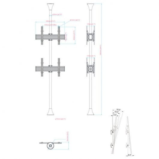 Kimex Supporto Inclinabile da Pavimento a Soffitto per 4 TV 32"-75" VESA 600x400 Max. 30Kg Altezza 240cm