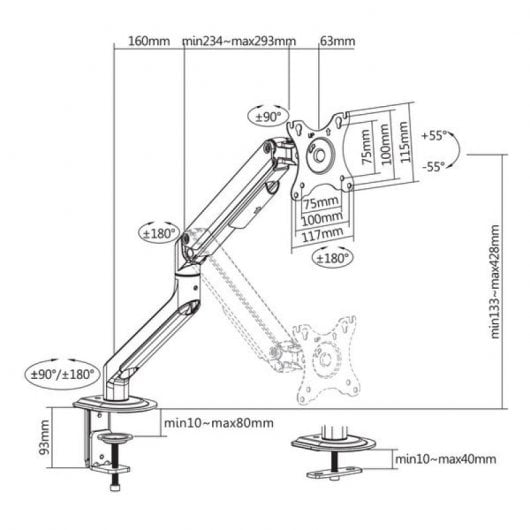 Supporto da tavolo Kimex Full Motion per monitor 17"-32" VESA 100x100 max. 9Kg Grigio