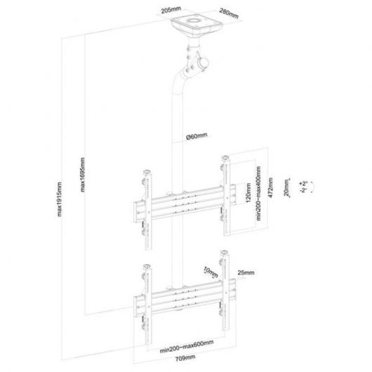 Kimex Supporto da soffitto per 2 schermi 43"-55" Altezza 175 cm VESA 600x400 Max. 50Kg