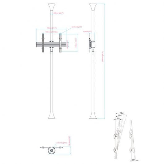 Supporto Kimex da Pavimento/Soffitto Inclinabile per TV 32''-75'' Altezza 240cm VESA 600x400 Max. 30Kg