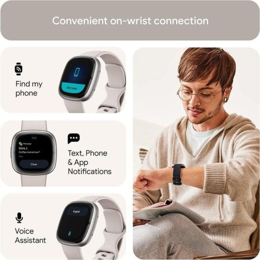 Fitbit Sense 2 Bluetooth GPS NFC 40,5mm Digital Touchscreen Platin Weiß S/L Wasserdicht SpO2 HR Schlaf Blutdruck