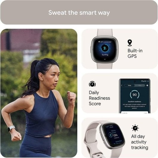 Fitbit Sense 2 Bluetooth GPS NFC 40,5mm Digital Touchscreen Platin Weiß S/L Wasserdicht SpO2 HR Schlaf Blutdruck