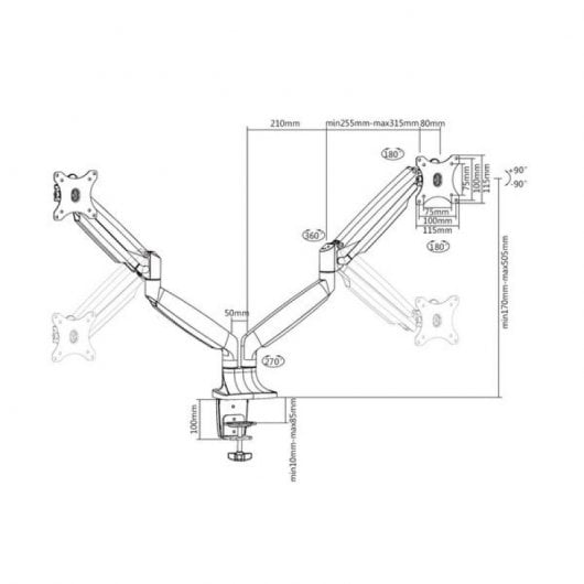Support de table Kimex Full Motion pour 2 moniteurs 13"-32" VESA 100x100 Max 18Kg