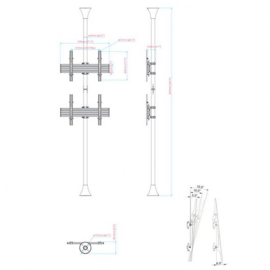 Kimex Supporto Da Pavimento/Soffitto Inclinabile per 2 Schermi TV 32''- 75'' Altezza 240cm VESA 600x400 Max 30Kg