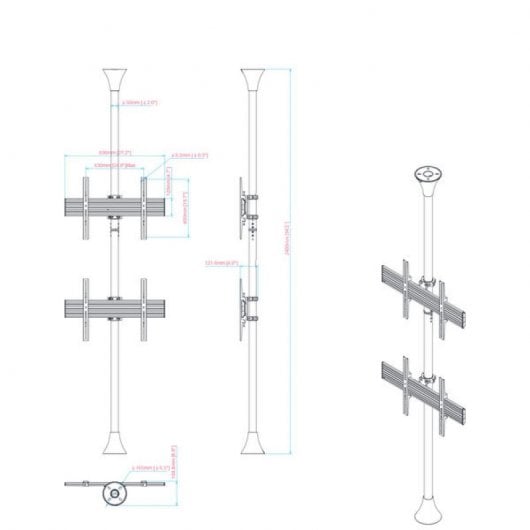 Kimex Supporto da Pavimento/Soffitto per 2 Schermi TV 32''- 75'' Altezza 240cm VESA 600x400 Max 30Kg