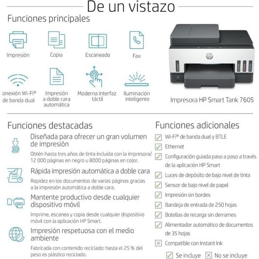 HP Smart Tank 7605 Impresora Multifunción Color WiFi Dúplex Automático Fax ADF+3 Años Tinta incluida