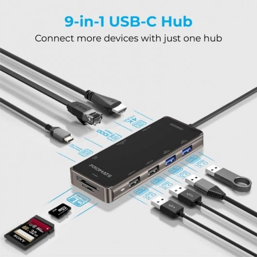 Hub Promate PrimeHub-Go 100 W HDMI 4K/RJ-45/USB 3.0/USB 2.0/SD