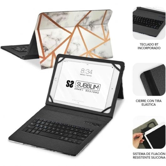 Custodia con tastiera Bluetooth Subblim Keytab Pro in marmo bianco per tablet da 9,6-11".