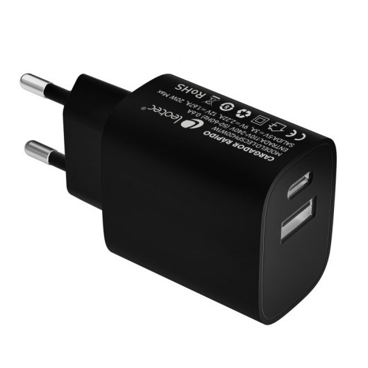 Leotec Carregador de Parede Duplo USB-C PD/USB 2.0 20W Preto