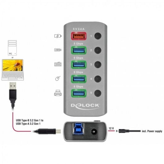 DeLOCK 63262 Schnittstellen-Hub USB 3.2 Gen 1 (3.1 Gen 1) Type-B 5000 Mbit/s Grau