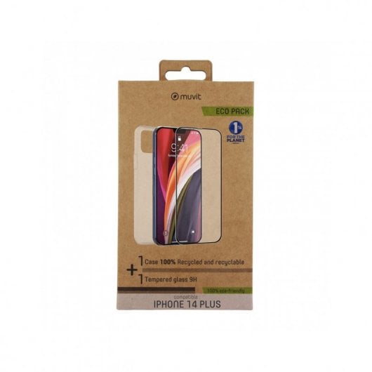 Muvit for Change Case für Apple iPhone 14 Plus + flacher Schutz aus gehärtetem Glas, schwarzer Rahmen