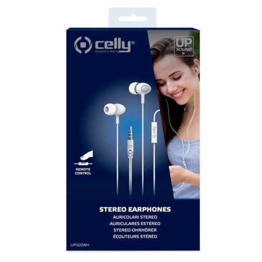 Auriculares Celly UP500 con cable redondo, micrófono integrado y control remoto, blancos