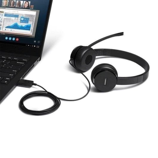 Auriculaires Lenovo 100 filaires USB-A pour bureau avec microphone antibruit passif noirs