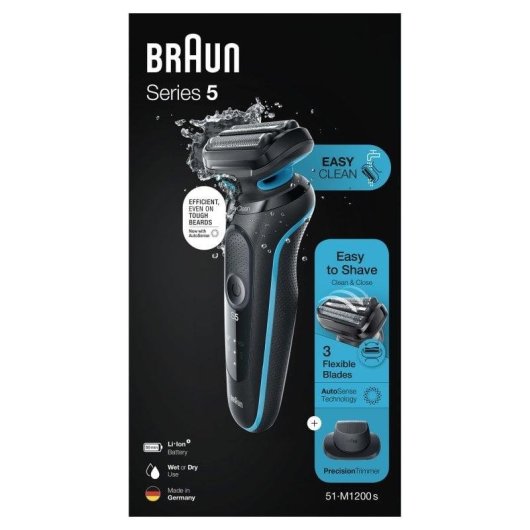 Máquina de Barbear Facial Braun Series 5 51-M1200s Recarregável 50min Seco e Molhado 3 Lâminas Aparador Precisão Carga Rápida