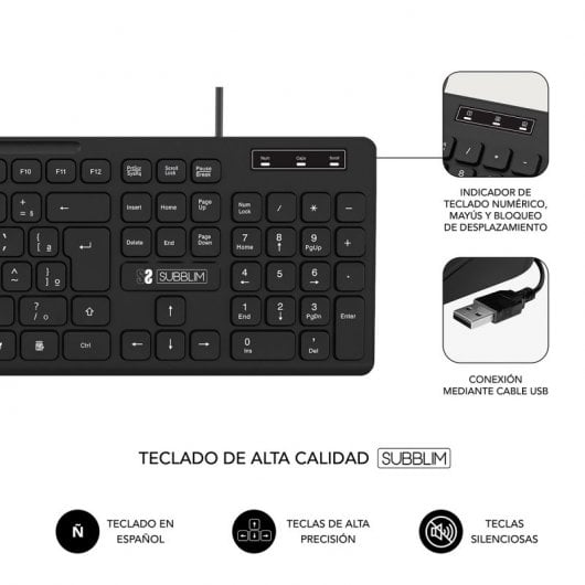 Subblim Pack Business Slim Clavier et Souris 1200DPI Noir