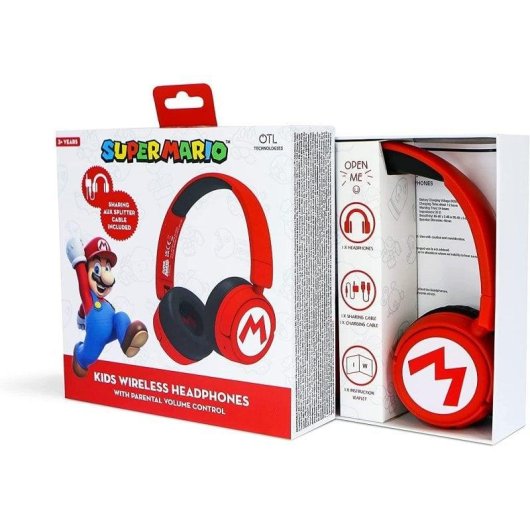 Casque Blade Super Mario Logo sans fil et filaire Bluetooth enfant, pliable, rouge et noir