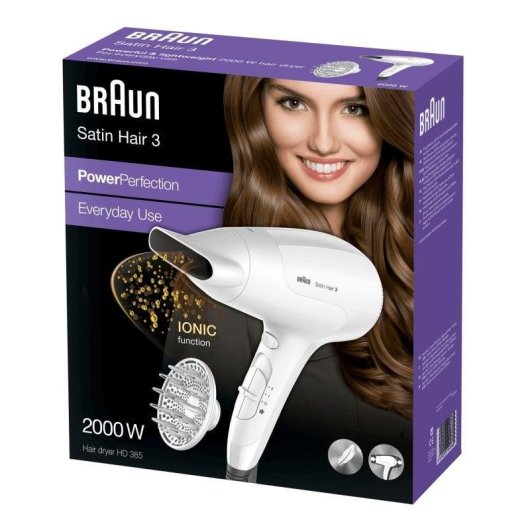 Sèche-cheveux Ionique Braun Satin Hair 3 HD385 2000W 3 Températures 2 Vitesses Accessoires Blanc