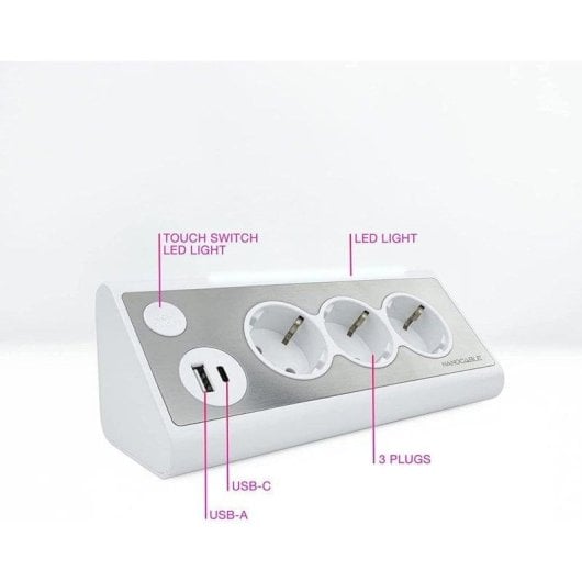 Régua de tomadas Nanocable 10.37.0013-W 3 Tomadas 2 USB-A USB-C Interruptor Protecção Crianças LED