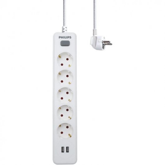 Philips SPN3052WA/10 Multiprise 5 Prises Schuko + 2 USB 2m