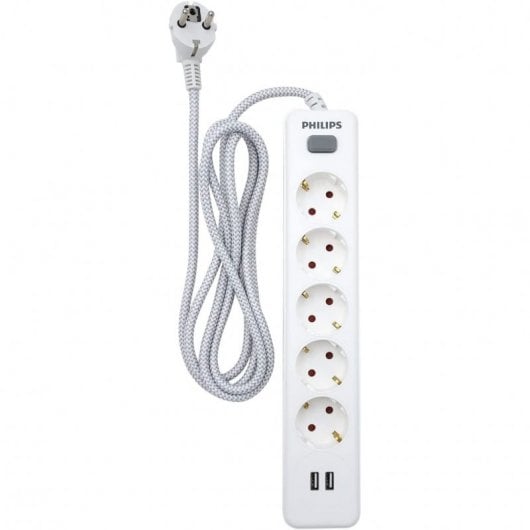 Philips SPN3052WA/10 Multiprise 5 Prises Schuko + 2 USB 2m