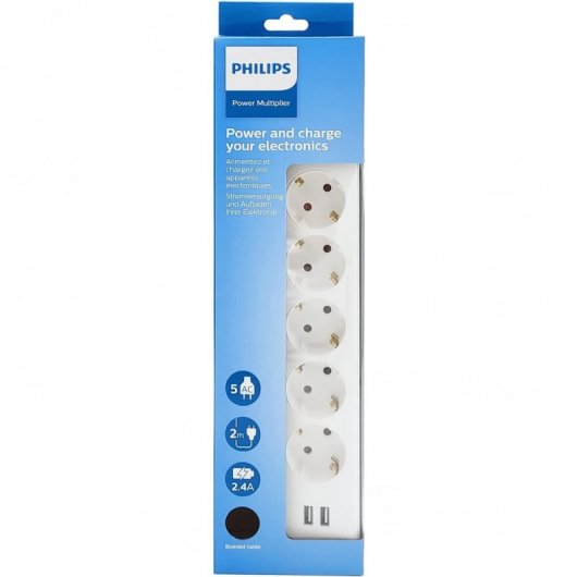 Philips SPN3052WA/10 Multiprise 5 Prises Schuko + 2 USB 2m