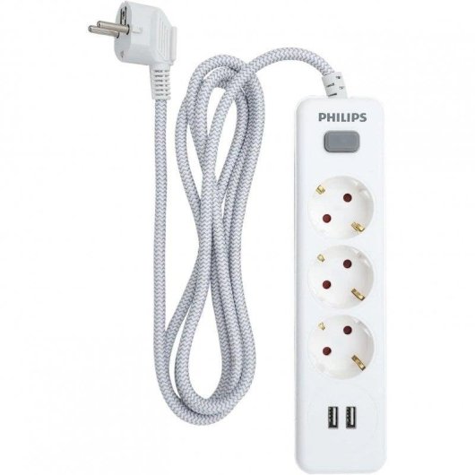 Multiprise Philips SPN3032WA/10 3 Prises 2 USB-A Interrupteur Sécurité