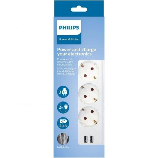 Multiprise Philips SPN3032WA/10 3 Prises 2 USB-A Interrupteur Sécurité
